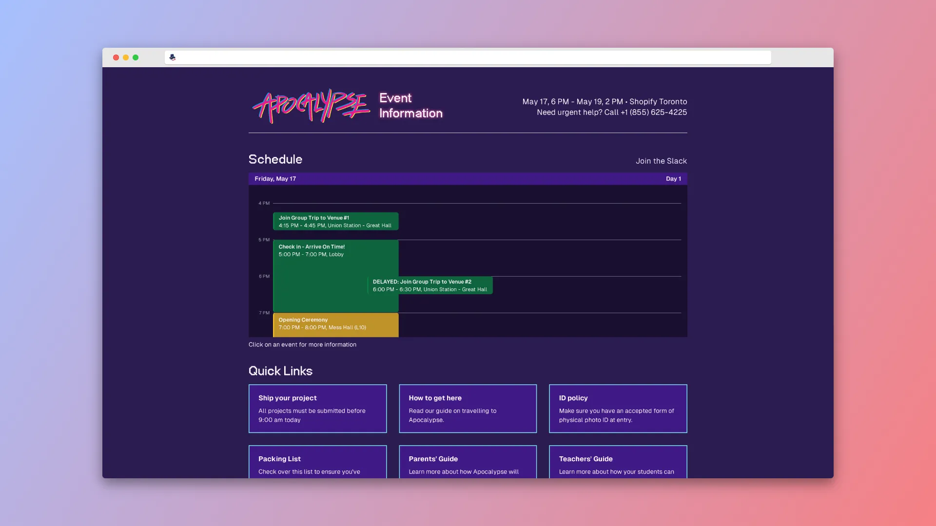 The event info page of the Apocalypse website